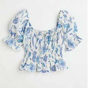 H&M Puff Sleeve Peplum Blouse Floral Blue White Cotton Large Romantic Feminine